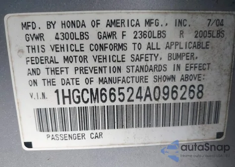 2004 Honda Accord 3.0 Ex из США, поврежденный, VIN 1HGCM66524A096268